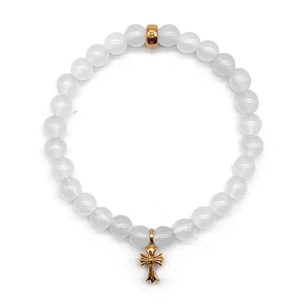 Chrome-Hearts-6mm-White-Agate-22K-Gold-Cross-Charm-Beaded-Bracelet-3-1