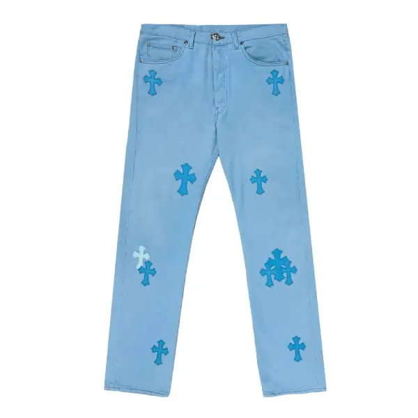 Chrome-Hearts-Drake-Blue-Leather-Cross-Patch-Jeans-1-1