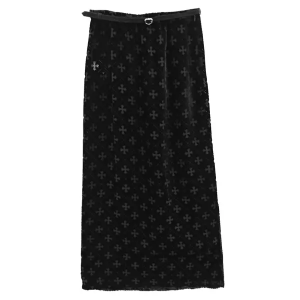 Chrome-Hearts-Velvet-Black-Tonal-Monogram-Maxi-Skirts-With-Belt-1
